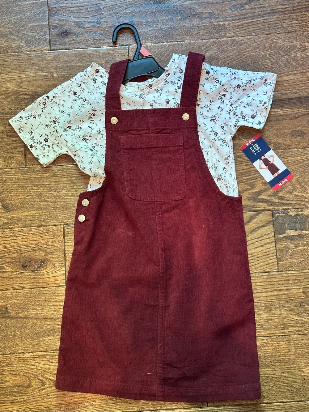 GAP Burgundy Corduroy Overalls Dress with Floral Top
